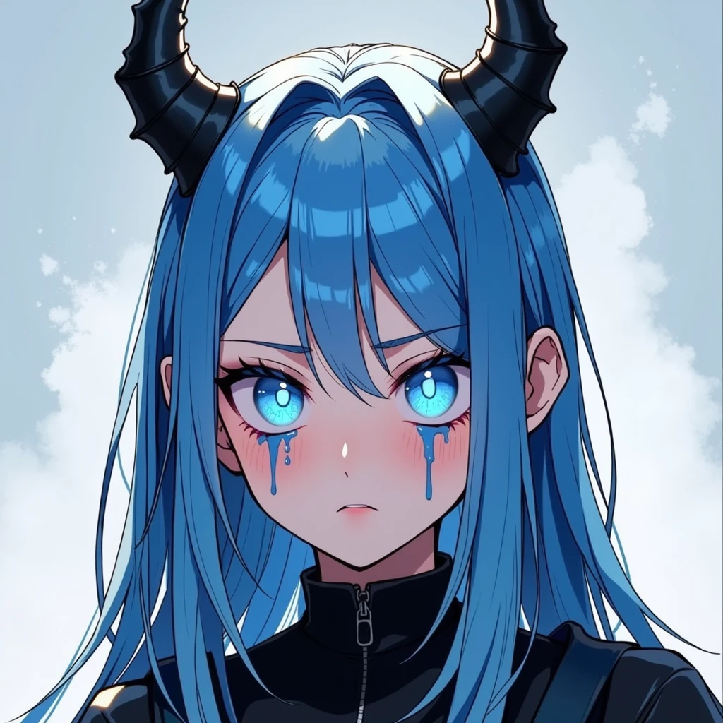 hfneonanimedemongirl,A demon girl with long blue hair and blue eyes, wearing a black uniform, and two horns growing from her head. 5 years old. Tears are flowing like waterfalls from her eyes.