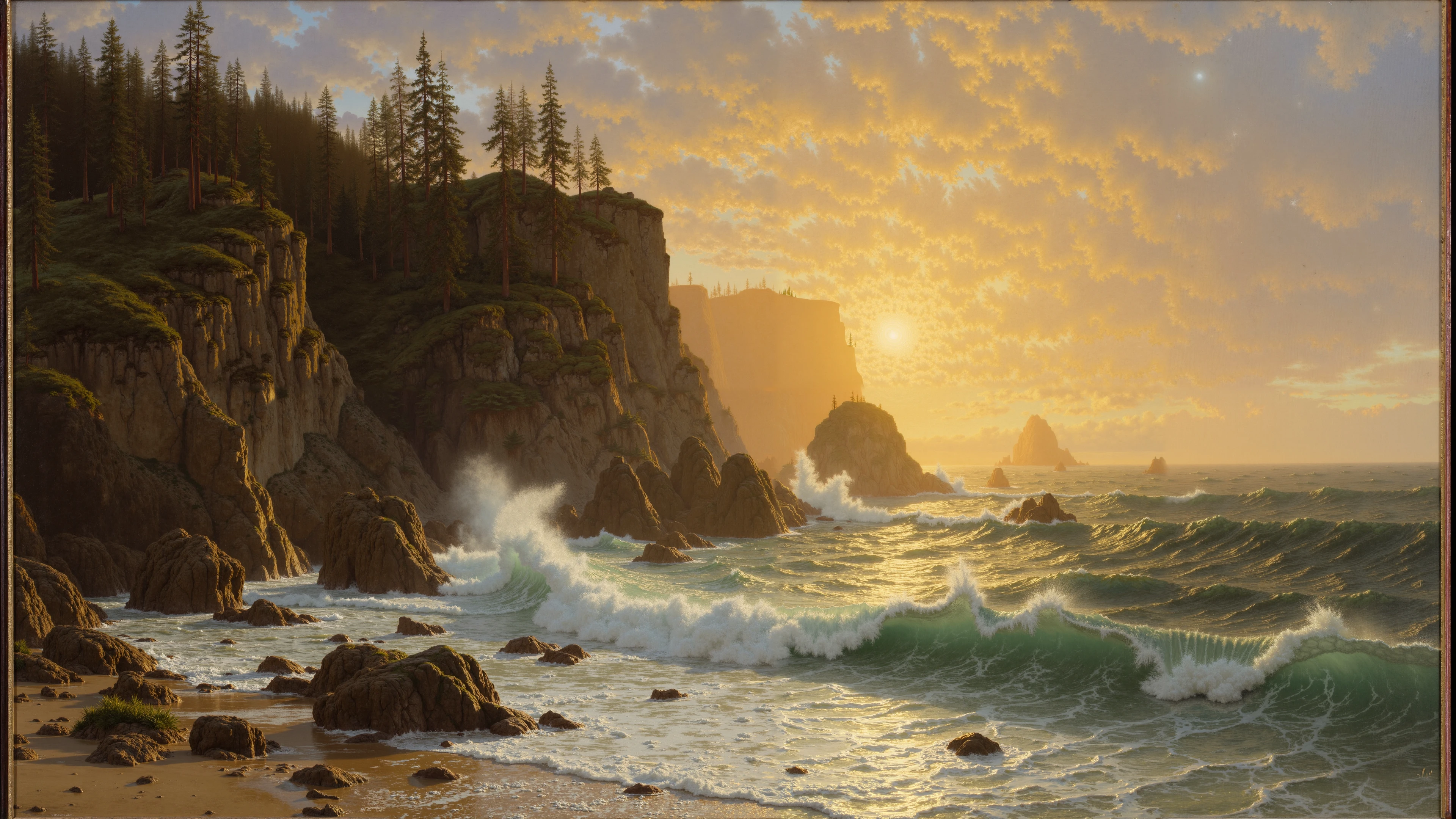 A rocky coastline at sunset, where the waves crash against high cliffs covered with moss and sparse pine trees, styled by Albert Bierstadt. The setting sun illuminates the cliffs and warm golden hues reflect in the water, which foams and sparkles. The whole scene conveys the drama and power of nature, where every rock, every wave and every leaf is rendered in great detail