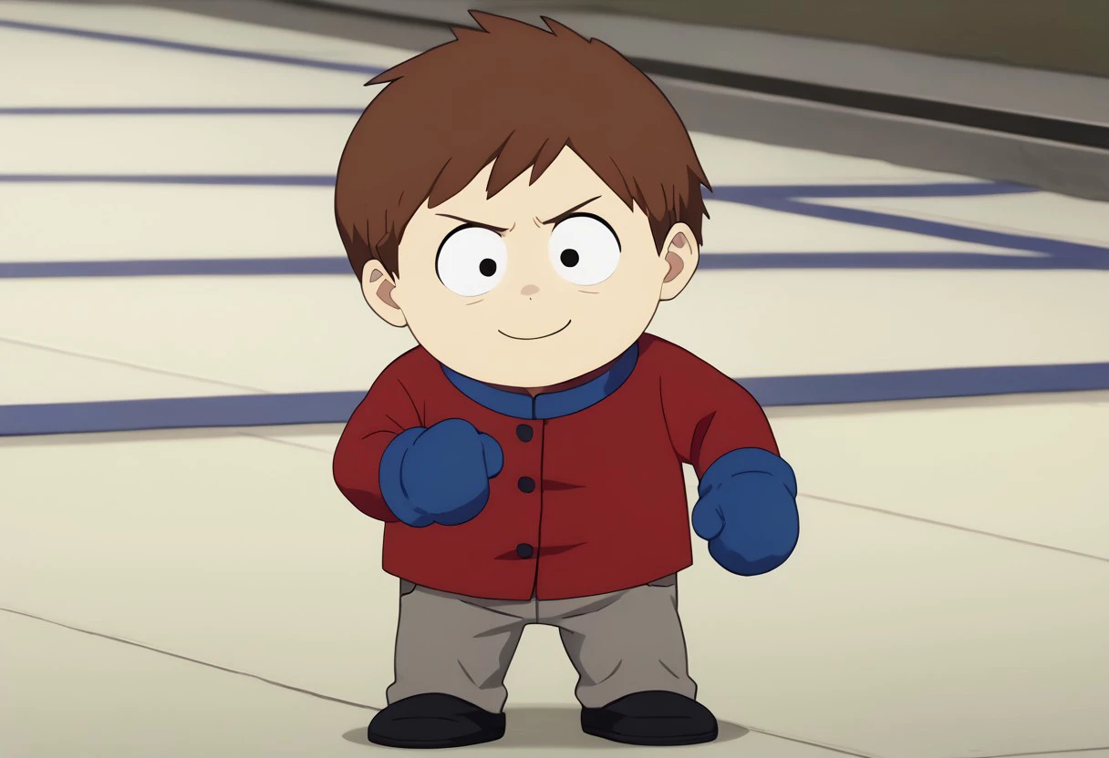 score_9, score_8_up, score_7_up BREAK ClydeSP, 1boy, short brown hair, black eyes, long-sleeved buttoned red shirt, blue collar, gray pants, black shoes, blue mittens, screenshot, official art, parody, anime footage, official design, screencap, anime screenshot, official screenshot, 2d, anime, source_anime, full body, solo, solo focus, smiling, relaxed,