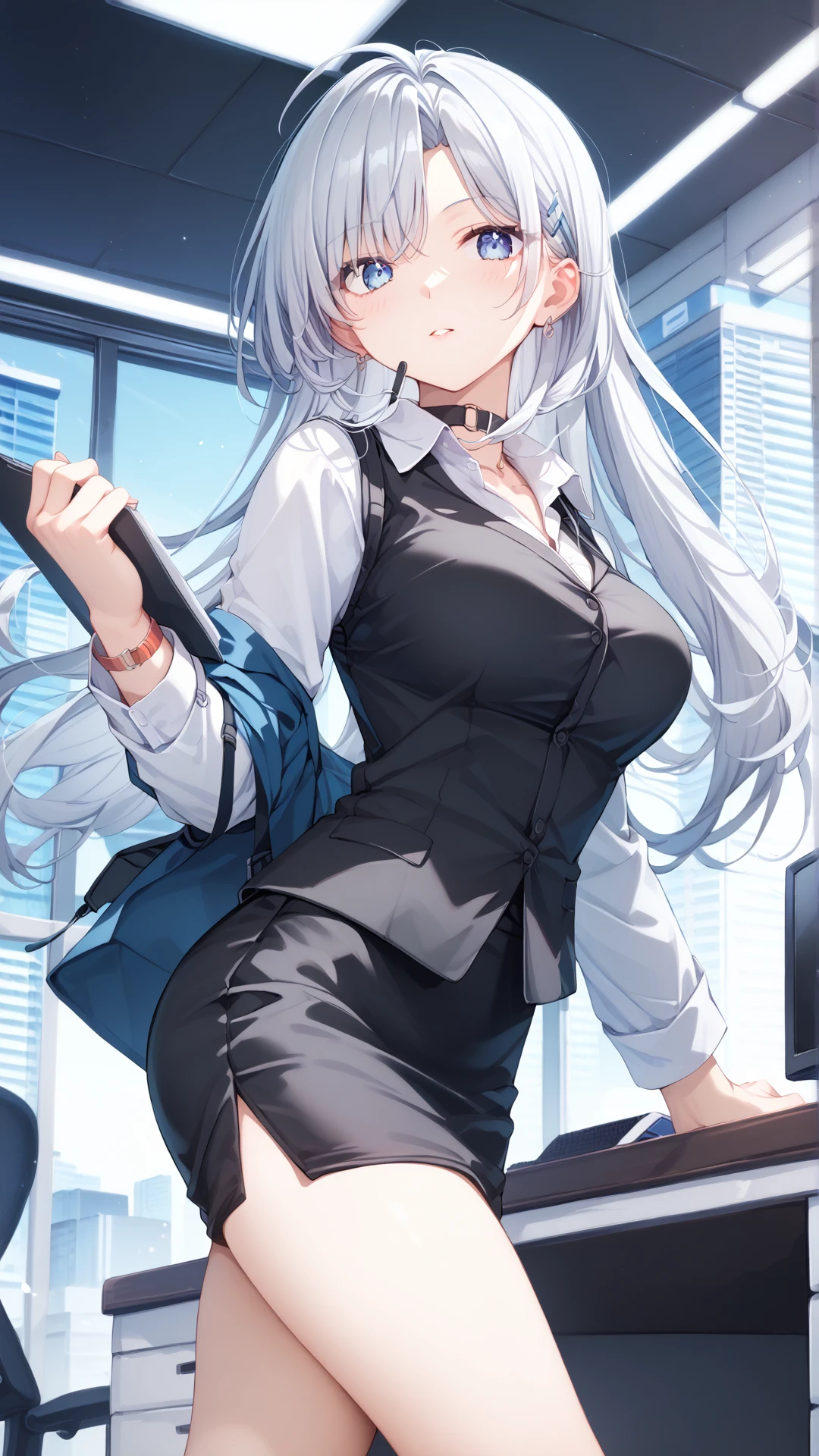 score_9, score_8_up, score_7_up, BREAK source_anime, rating_safe, best quality, masterpiece, uncensored, 1girl,  <lora:Calvina_pony_v1.0:1> Ca1v1na,breasts, silver hair,long hair,blue eyes,large breasts,choker,office lady suits,