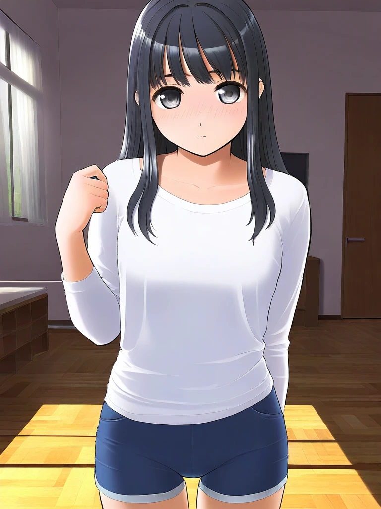 masterpiece, best quality, good quality, <lora:Tsutsumi_Kinuka_IS:0.9>Tsutsumi_Kinuka, bangs,  black hair, black eyes, long hair,
1girl, solo, looking at viewer,  blue half pants, white sleeve, standing, ã
No expression,
room, flooring, white shirt,