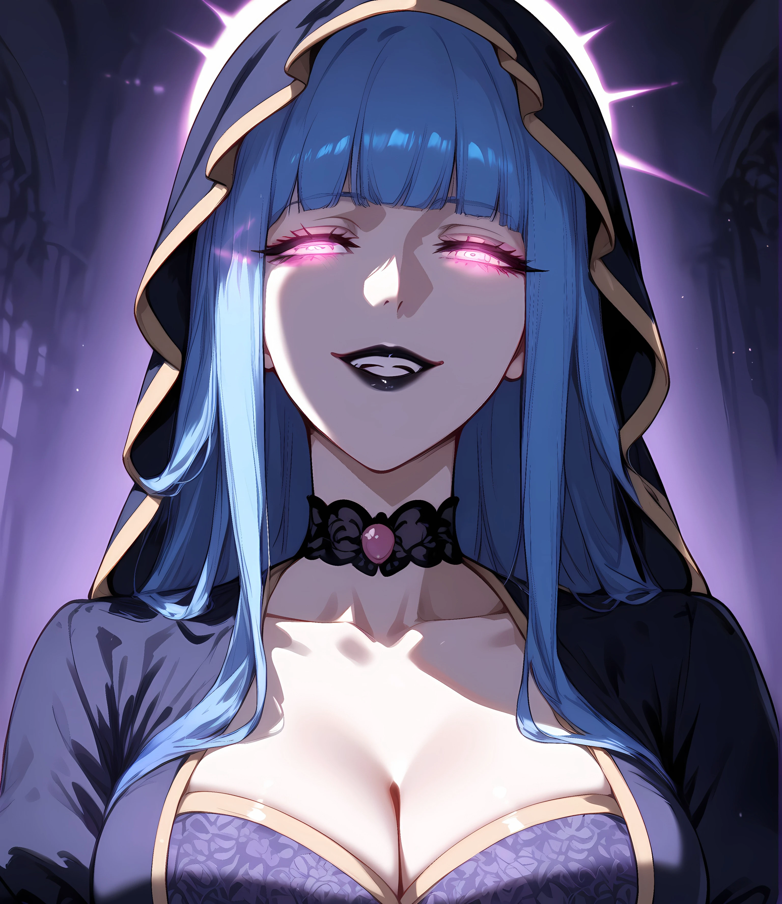 rating_all, score_10, score_9_up, score_8_up, score_7_up, source_anime, sharp focus, official art, slowmo, absurdres, depth of field, complex background, ultra detailed, 1girl, solo, lamashtu, pink eyes, blue hair, blunt bangs, long hair, makeup, black lipstick, lamashtu dress, hood, parted lips, wide smile, yandere, yandere trance, half-closed eyes, glowing eyes, charisma, pure evil, evil, Expressiveh, 4k, 8k, 16k, highly detailed, high res, shiny skin, dark theme, purple theme, luxury vampire castle, bokeh, cleavage, collarbone, crossed arms, royalty, smug, (charisma:1),
