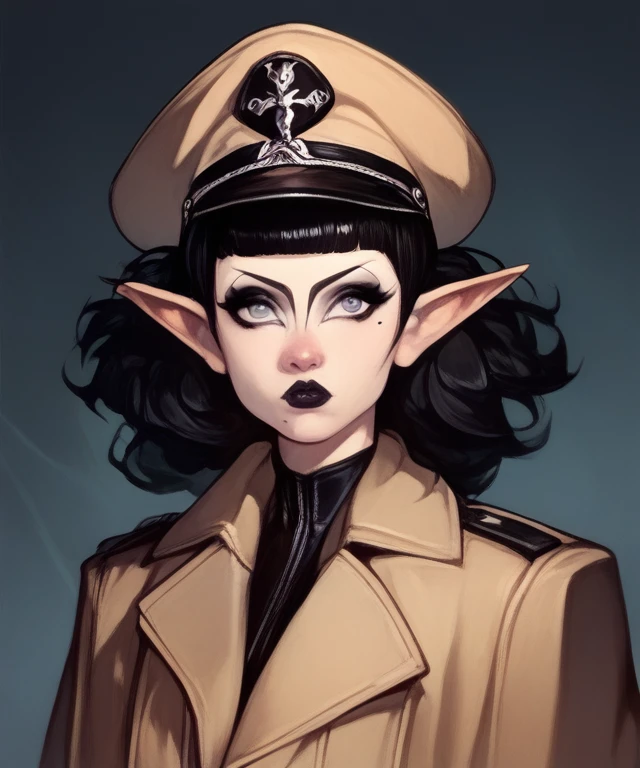 score_9, score_8_up, score_7_up, score_6_up, solo, female, elf, black hair, blunt bangs, grey eyes, trenchcoat, military cap, eyeliner, black lips, mole, pale, portrait <lora:Trad_Goth_test:1.5> <lora:[GP] somethingweird [Pony XL]:1>