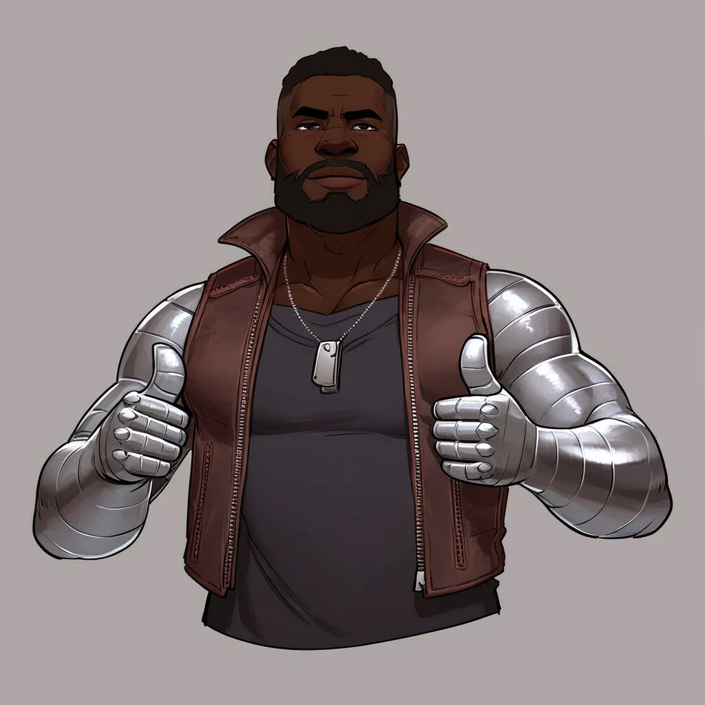 Score_7_up, score_8_up, upper body, closeup,
BREAK,
 jaxbriggs, dark-skinned male, beard, metal arms, vest, undershirt, dog tags, (thumbs up), simple background,