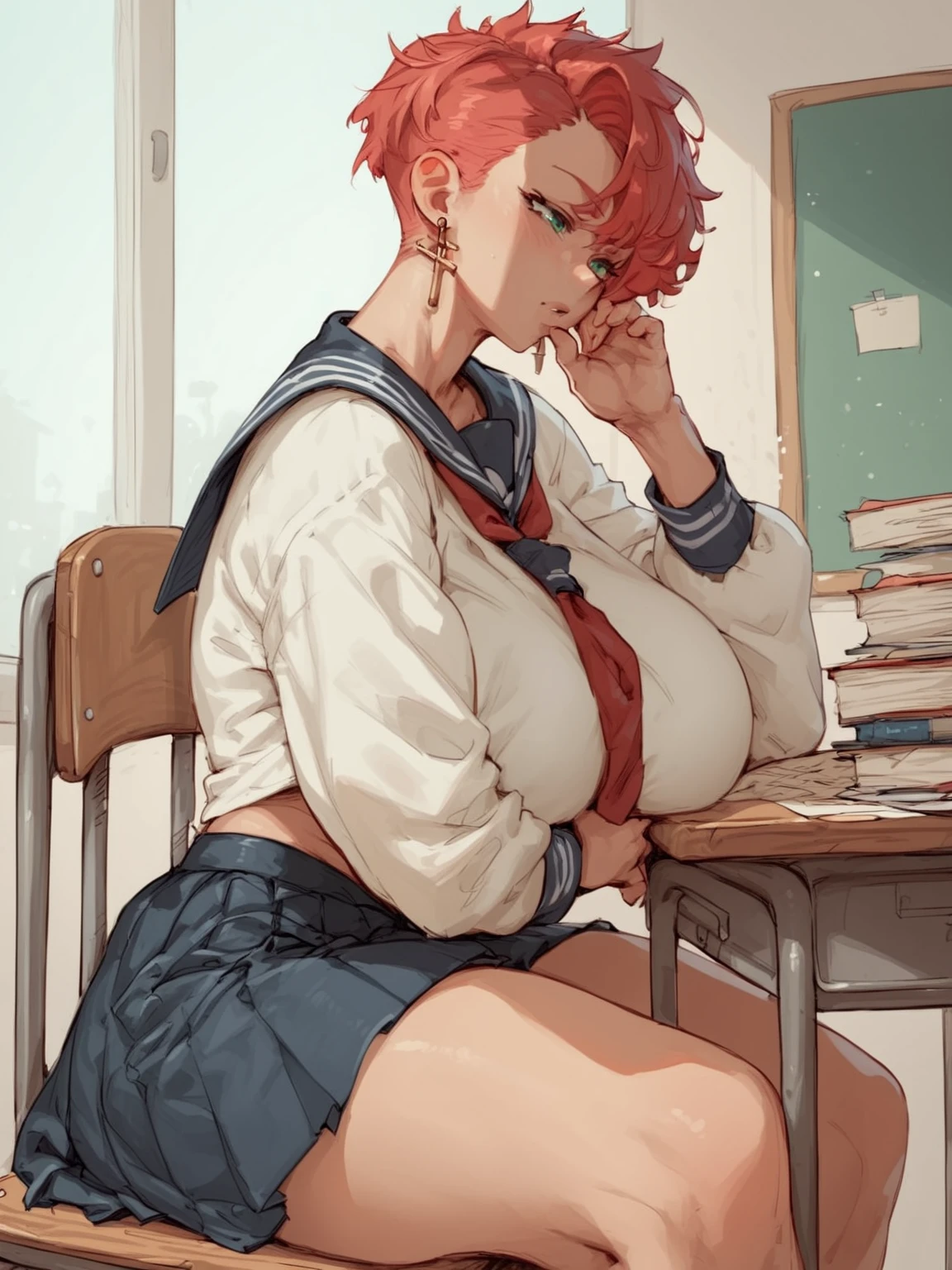 <lora:Nell_Eigaka:1> n3r34n3llm4x, red hair, curvy
school girl, sitting at desk, serafuku,, ((score_9), (score_8_up), score_7_up, score_6, score_5_up, source_cartoon,)   full color,  <lora:Expressive_H:.6> expressiveh, rating_questionable, <lora:OMG-Is-DucHaiten_v1.0:.7>