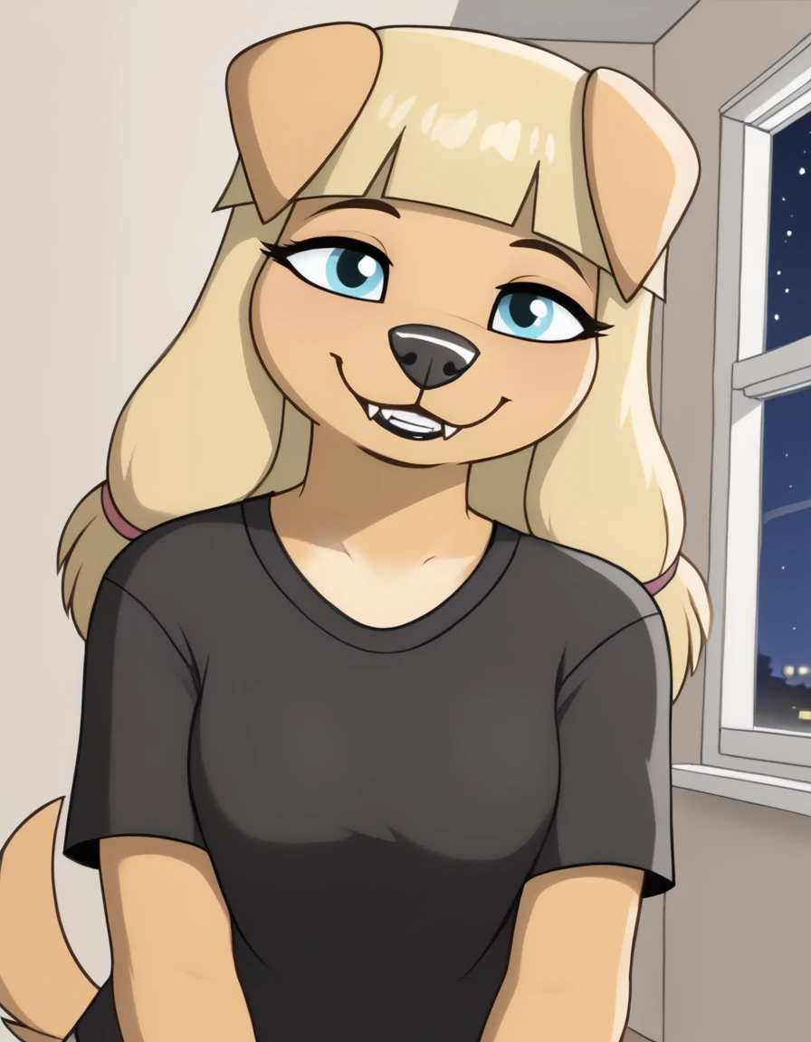 indoors,bedroom,window,night,night sky,
Danielle,1girl,solo,furry female,blonde hair,bangs,animal ears,body fur,blunt bangs,dog girl,animal nose,dog ears,blue eyes,tail,sidelocks,long hair,two-tone fur,dog tail,
upper body,headshot,black t-shirt,evil smile,looking at viewer,teeth,parted lips,fangs,black lips,
<lora:Danielle_v01_PDXL:1>,