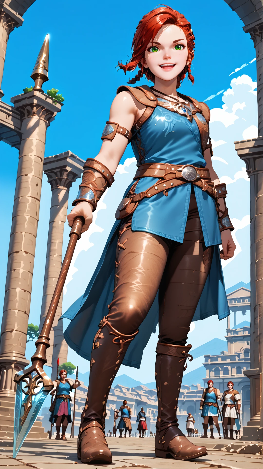 sjsartstyle, 2d, (zPDXL2), cowboy shot, dynamic shot, dynamic angle, webtoon, anime, centered, solo, (((holding spear))), smiling, open mouth, 1girl, 1woman, hda, red hair, braided ponytail, green eyes, blue top, necklace, leather armor, bracers, belt, leather pants, boots, outdoors, ancient Greece, <lora:sd_xl_dpo_lora_v1:1>, <lora:OMG-Is-DucHaiten_v1.0:0.1>, <lora:sjsartstyle pony:1>,  <lora:Hilda_Asterigos_Pony_XL:0.8>