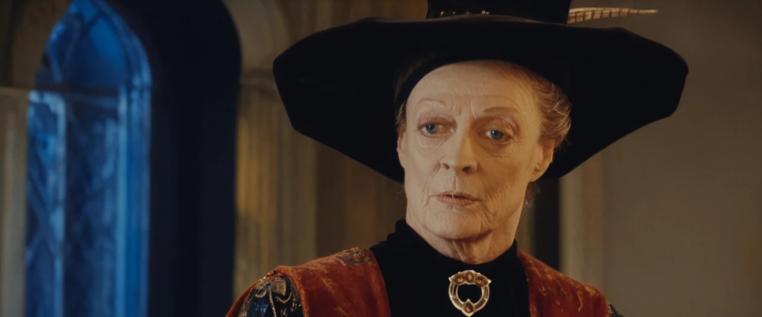 Minerva McGonagall, portrait, solo, single person, 1girl, modern 4K movie screencap, UHD 8K, Maggie Smith, Nike hoodie, oversized hoodie, cinematic angle, volumetric lighting, abstract photorealistic ink image in red, black and blue, oriental woman at a masquerade ball, jewelled earrings, necklaces, sequinned robes, wearing an elaborate masquerade dress, directional lighting illuminating her from one side, witch hat, bright sunny exterior,