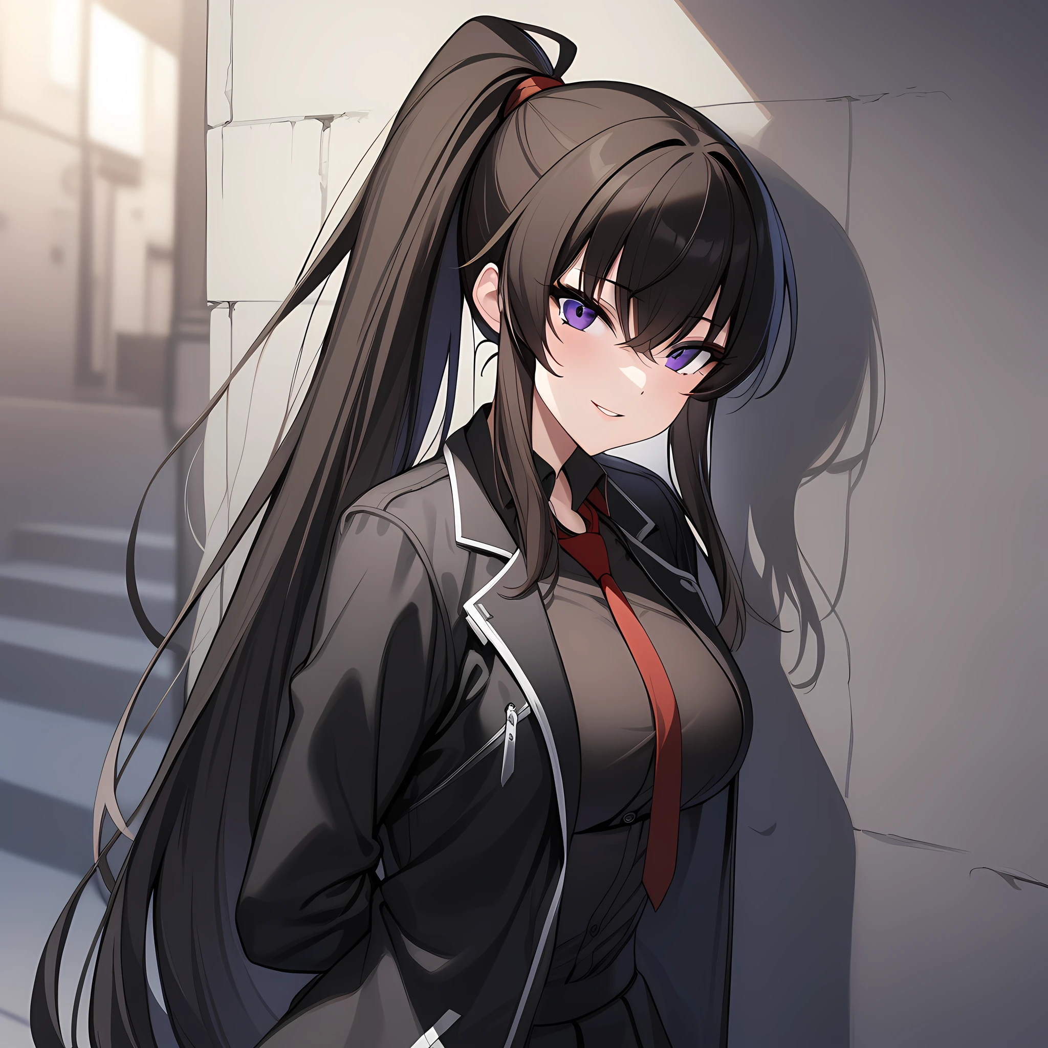 yoo_mina, 1girl, solo, long hair, purple eyes, gloves, necktie, black gloves, ponytail, skirt, jacket, shirt, portrait, close up, upper body, very long hair, black jacket, open clothes, black shirt, black footwear, leaning on the wall, dark alleyway background, looking at viewer, hands behind back, seductive smile, parted lips, <lora:Yoo_Mina:1>, (masterpiece),(best quality),(ultra-detailed),(best illustration),(best shadow),(absurdres),(detailed background),(very aesthetic),