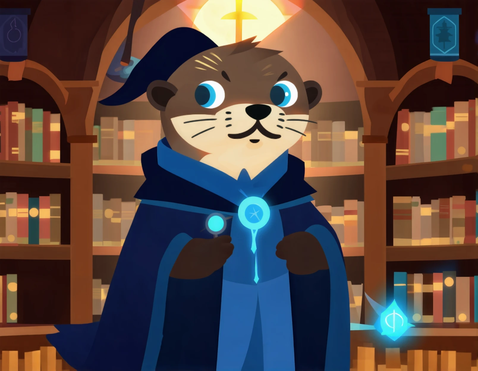 an anthropomorphic otter, blue eyes, blue wizard robe, magic user, magical library