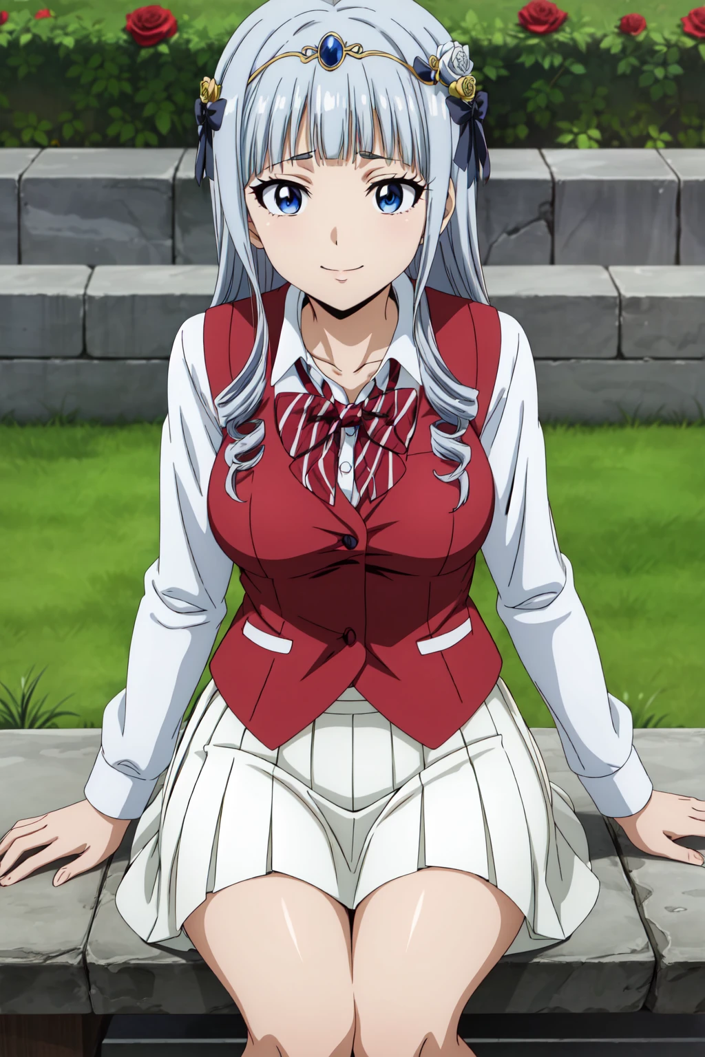 best quality, anime screencap, anime coloring, 1girl, solo, long hair, bangs, blue eyes, silver hair, blunt bangs, sidelocks, drill hair, (hair ornament:1.3), touka_faris_v1, breasts, skirt, shirt, long sleeves, bow, school uniform, collarbone, white shirt, pleated skirt, striped, collared shirt, red bowtie, dress shirt, white skirt, striped bow, striped bowtie, (red vest:1.2), happy, Seated on a stone bench in a serene garden, she gazes at a blooming rose, captivated by its delicate beauty