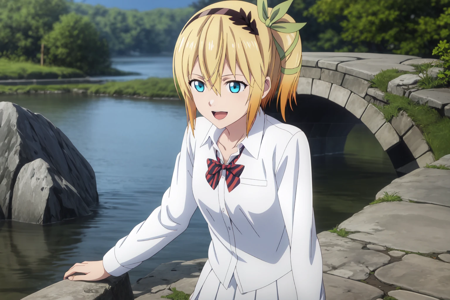 best quality, anime screencap, anime coloring, 1girl, solo, short hair, blue eyes, blonde hair, hair between eyes, hair ribbon, hairband, side ponytail, edna_yulind, skirt, shirt, long sleeves, bow, school uniform, collarbone, white shirt, pleated skirt, striped, collared shirt, red bowtie, dress shirt, white skirt, striped bow, striped bowtie, Leaning against an old stone bridge, she gazes pensively into the rippling waters below, light smile, open mouth