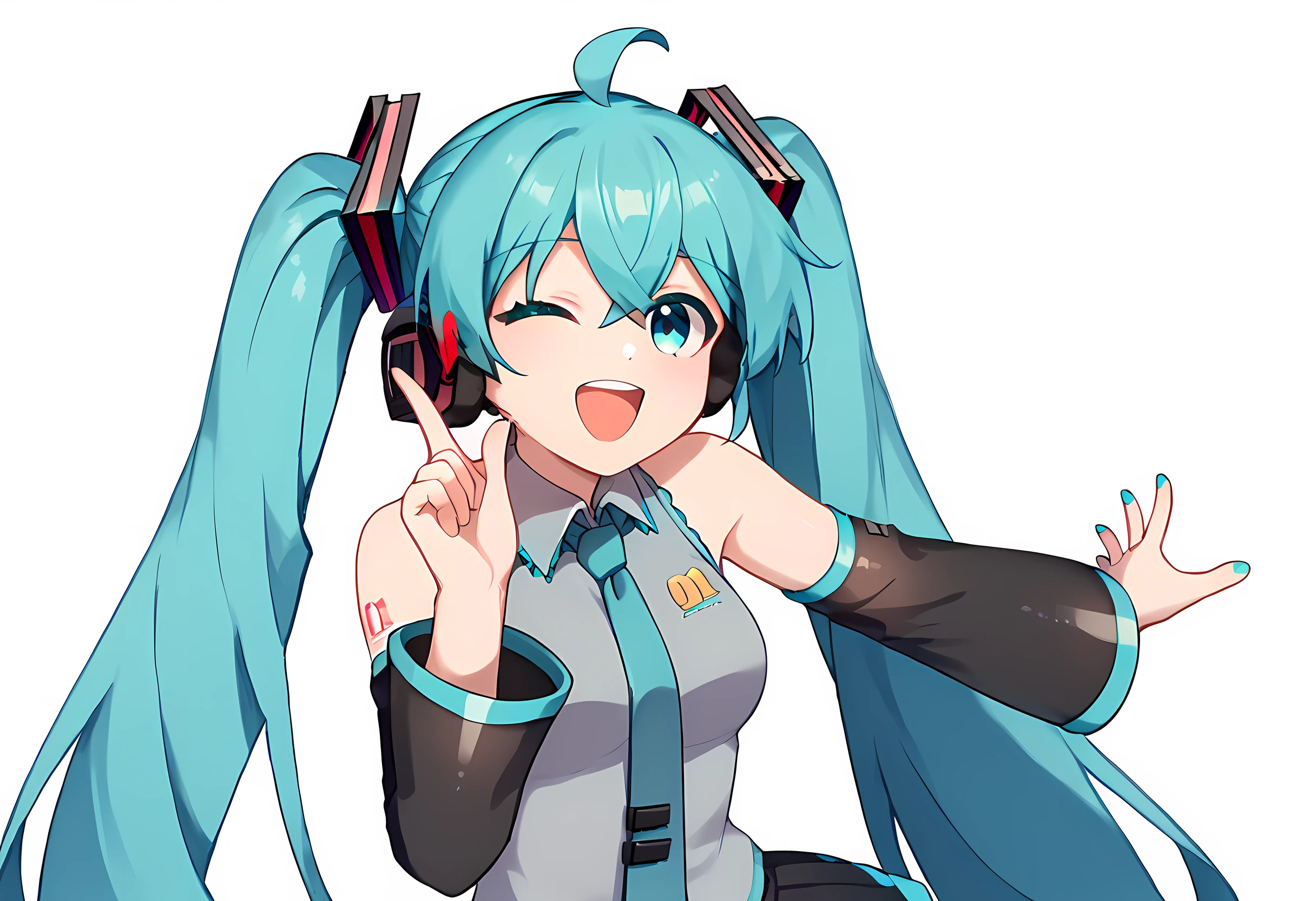 score_9, score_8_up, score_7_up, 1girl, solo, extremely detail face, miku hatsune, ahoge, aqua eyes, aqua hair, crossed bangs, hair between eyes, hair ornament, headphones, long hair, twintails, one eye closed, medium breasts, black skirt, black sleeves, collared shirt, detached sleeves, grey shirt, necktie, pleated skirt, shirt, sleeveless shirt, tie clip, open mouth, smile, pointing, doodle dance, indoor background, <lora:miku-hatsune-ponyxl-lora-nochekaiser:1>  <lora:Ruby_Hoshino_Doodle_Dance_Meme_Smaller_Hitbox:1>