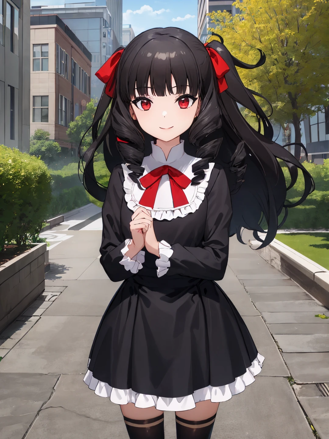 <lora:Kuroba_Ayako_0Rv9:0.7>
ayakodefault, black hair, long hair, drill hair, red eyes, hair ribbon, makeup
black dress, frilled dress, long sleeves, puffy sleeves, white collar, red neck ribbon, white thighhighs
masterpiece, best quality, ultra-detailed, detailed, detailed skin, absurdres, 8k, digital art
1girl, solo, facing viewer, standing, looking at viewer, smile, standing, cowboy shot
(outdoors, park, city, building, tree, bush, flower bed, street, stone floor)