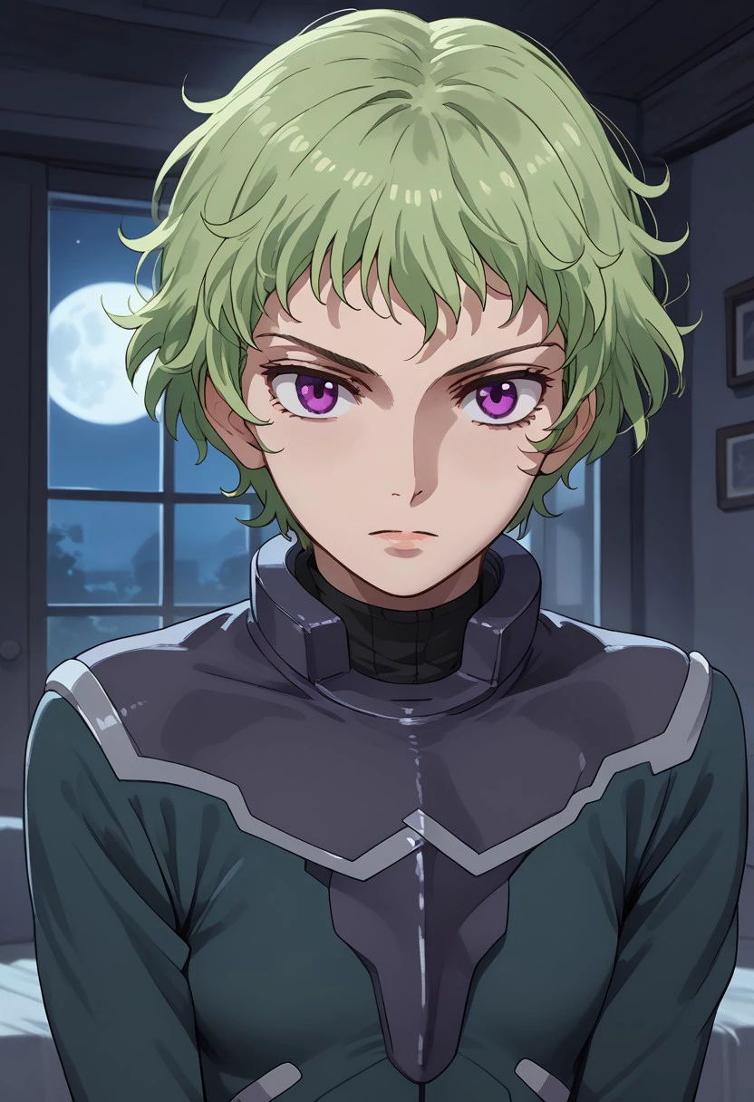 score_9, score_8_up, score_7_up,at room, indoor, moonlight,at night,hilling care, green hair, short hair, purple eyes, pilotsuit,1 female