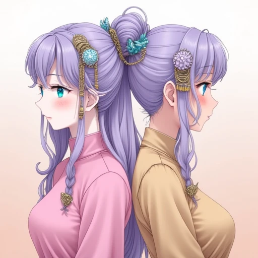 and she wears a high-necked, porcelain skin., flowing lavender hair styled in an elaborate updo with ornate hairpins that feature intricate gold and blue designs. Her hair cascades down her back in soft waves. Her skin is fair, This is a digital anime-style illustration featuring two female characters standing back-to-back, This is a digital drawing in an anime-inspired style featuring four young women with distinct appearances and expressions. The background is a gradient of soft pastel colors transitioning from peach at the bottom to a soft blue at the top, and her skin is a pale complexion. She wears a sleeveless, wavy silver hair styled in a high ponytail