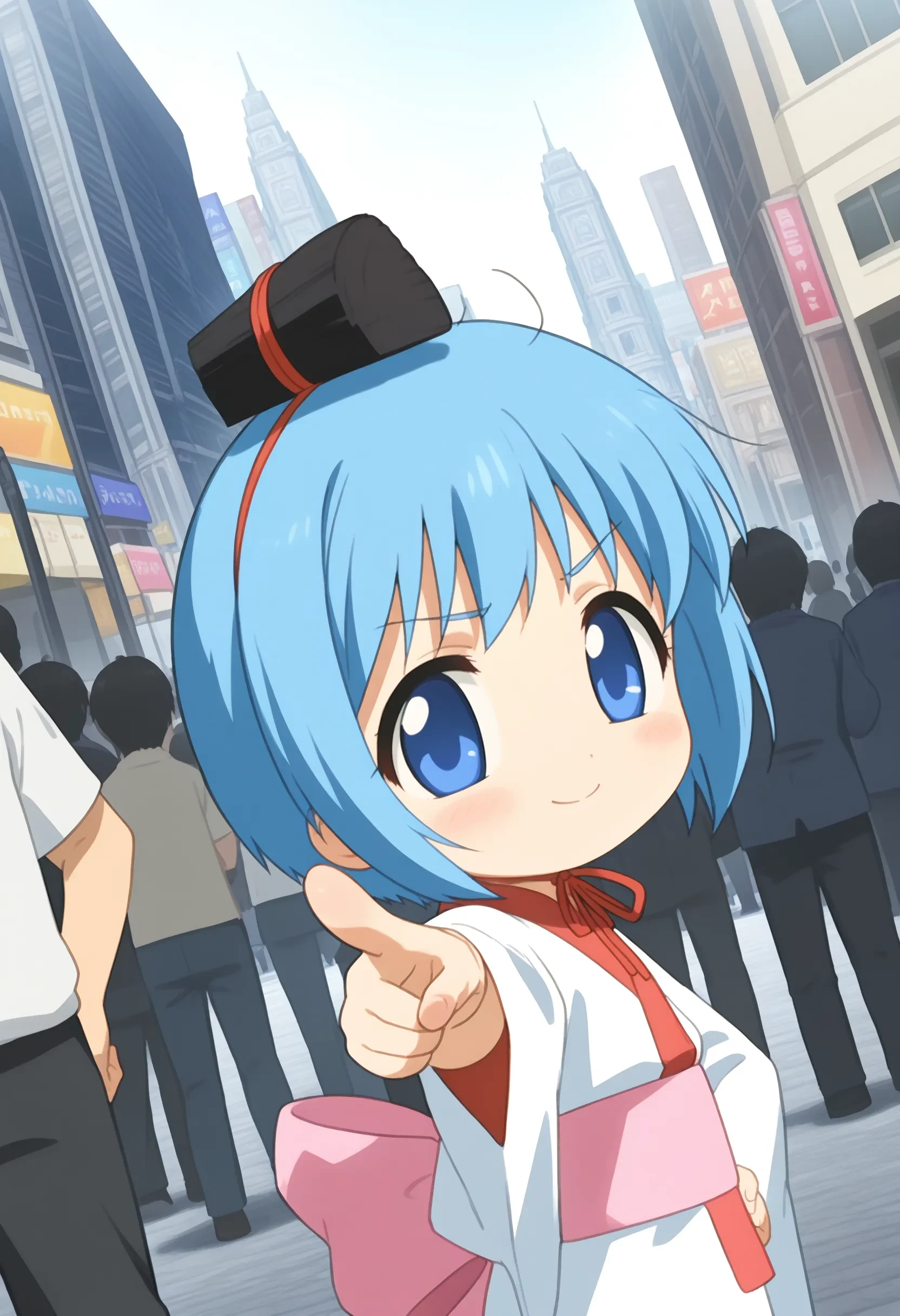 1girl, binchou-tan \(character\), blue hair, short hair, blue eyes, hair ornament, white kimono, pink obi, bare legs, 
looking at viewer, upper body,  hand on own hip,  perspective ,pointing at viewer, dynamic angle, from side, Flirty, A playful smile, arched eyebrows, and a slightly tilted head., solo, solo focus, outdoors, city, crowd, audience, general, 
masterpiece, best quality, absurdres, unity 8k wallpaper, official art, official style, source_anime, uncensored, anime screencap, anime coloring, (ai-generated:0.6) <lora:BT-binchou-tan_XL(ill)v10:1>