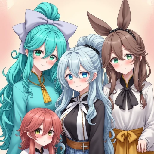 featuring five young women with distinct hairstyles and outfits.   1. The first woman on the far left has light blue hair styled in a high ponytail with a bow, and wears a black and white outfit. She has large, This is a vibrant digital illustration featuring three anime-style characters with distinct hairstyles and clothing. The background is a softly lit, slightly blushing expression, golden tassels.  In the center, a woman with long, gradient teal color