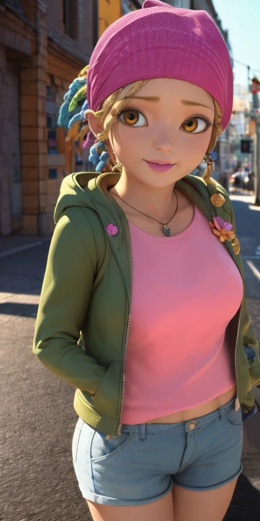 Hyperrealistic, photorealistic, super detailed, pink bandana, brilliant azure T-shirt, green jacket with a hood, moderate tangelo jean shorts, brown leggings, pale magenta lipstick, honey blonde hair styled into colored dreadlocks, pale magenta lipstick, body like in real life, large pores, fair skin, quite short, chubby, beautiful arms, little breasts, unreal engine, octane render, droped shadow, bokeh, cinematic lighting, <lora:add_detail:0.5>, <lora:Volumetric_lighting:0.6>, Mylène Haprèle, , <lora:0a2937d1-de1c-498e-97f5-aa181e43b8bc:0.7>