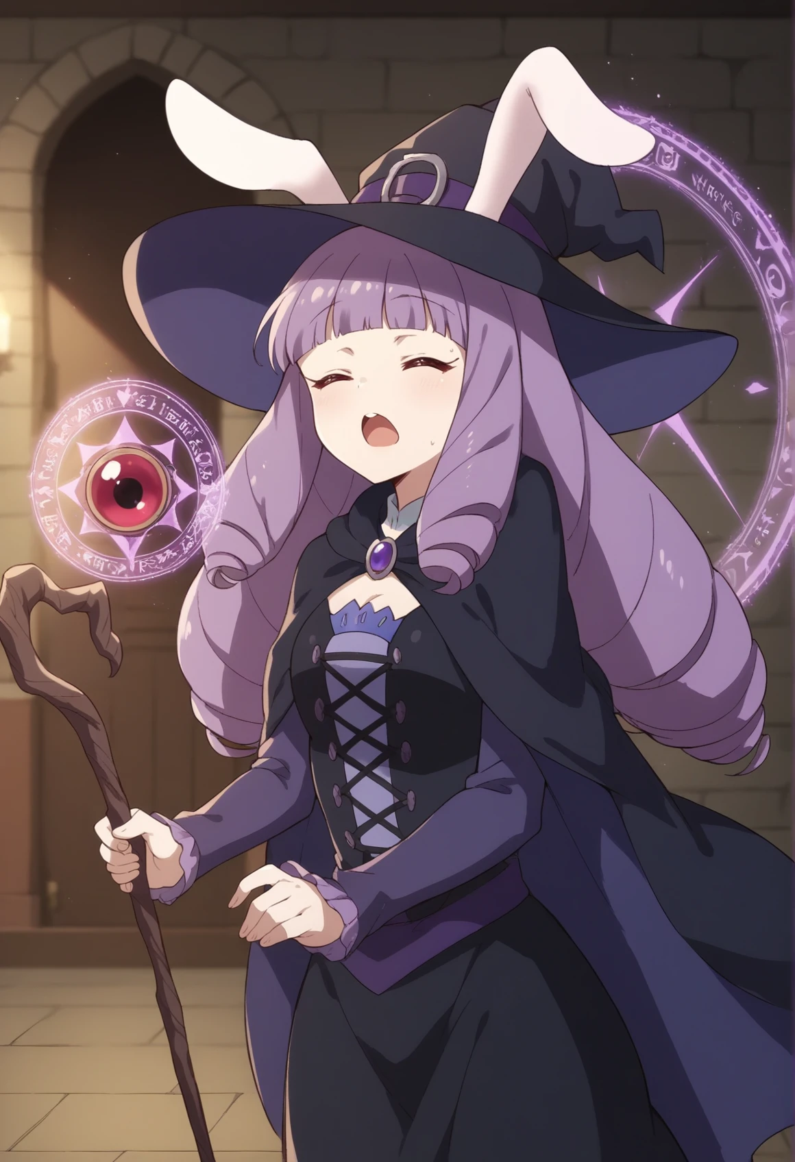 1girl, long hair, curly hair, purple hair, drill hair, blunt bangs, red eyes, rabbit ears, rabbit tail, witch hat, witch, cloak, holding staff, casting spell, magic, magic circle, closed eyes, open mouth, indoors, dungeon  <lora:show_by_rock_chu_chu:0.8>, score_9, score_8_up, score_7_up, score_6_up, score_5_up, score_4_up, BREAK source_anime, masterpiece