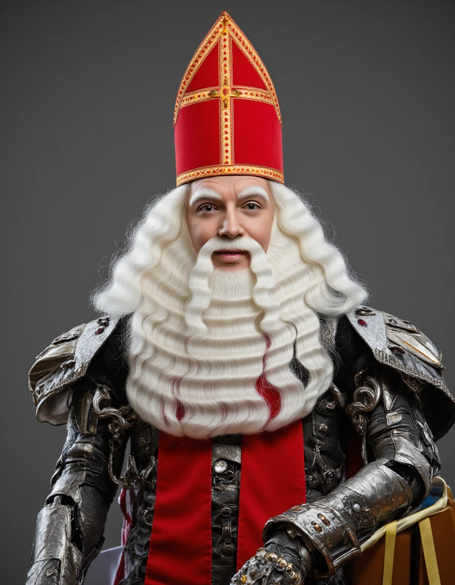 cybernetic robot , mechanical robot, white tubes as beard, red miter with yellow cross, bishop robot, metal skin, metal armor, armored dress, laser sight, glowing eyes,
<lora:Sinterklaas:1.8> Sinterklaas . android, AI, machine, metal, wires, tech, futuristic, highly detailedâââ