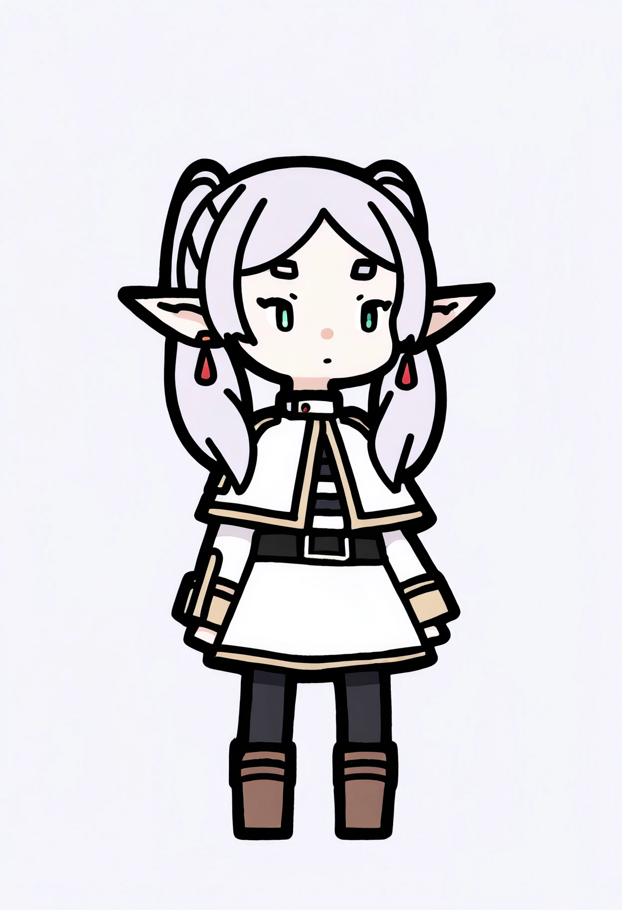 best quality, amazing quality, very aesthetic, absurdres,
1girl, chibi,
frieren, green eyes, grey hair, twintails, thick eyebrows, pointy ears, white capelet with long sleeves, earrings, black belt, black pantyhose and brown boots,
standing, full body, solo, looking at viewer, simple background, white background,   <lora:RabbitAndSteelIllustriousLocon_byKonan:1> <lora:FrierenIllustriousXL_byKonan:0.8>