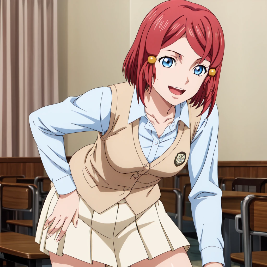 best quality, anime screencap, anime coloring, 1girl, solo, short hair, blue eyes, red hair, hair tubes, rose_sparrow, skirt, shirt, long sleeves, bow, school uniform, collarbone, white shirt, pleated skirt, striped, collared shirt, red bowtie, dress shirt, white skirt, striped bow, striped bowtie, (light brown vest:1.3), stands with one foot on a chair, leaning slightly forward with a confident and alluring expression, light smile, open mouth