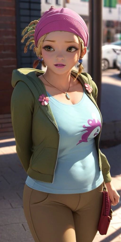 Hyperrealistic, photorealistic, super detailed, pink bandana, brilliant azure T-shirt, green jacket with a hood, moderate tangelo jean shorts, brown leggings, pale magenta lipstick, honey blonde hair styled into colored dreadlocks, pale magenta lipstick, body like in real life, large pores, fair skin, quite short, chubby, beautiful arms, little breasts, unreal engine, octane render, droped shadow, bokeh, cinematic lighting, <lora:add_detail:0.5>, <lora:Volumetric_lighting:0.6>, Mylène Haprèle, , <lora:0a2937d1-de1c-498e-97f5-aa181e43b8bc:0.7>