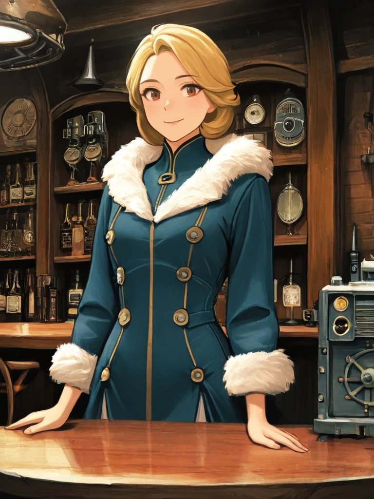 higres illustration,detailed face,1girl,<lora:dieselIL:1>,dieselpunk,upper body,looking at viewer,blonde,table,dress,fur trim,smile,standing,bar,radio,