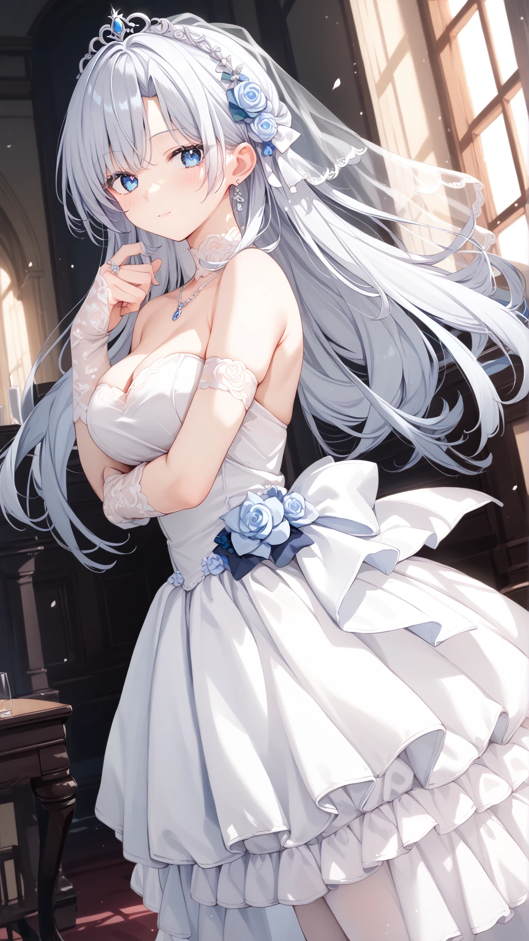 score_9, score_8_up, score_7_up, BREAK source_anime, rating_safe, best quality, masterpiece, uncensored, 1girl,  <lora:Calvina_pony_v1.0:1> Ca1v1na,breasts, silver hair,long hair,blue eyes,large breasts,chokerwedding dress,