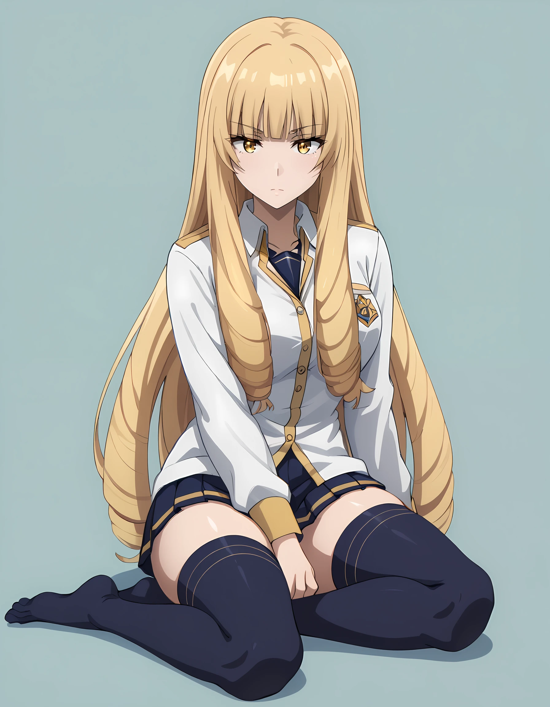 <lora:Rose:1>rose_eminence, 1girl, solo, student uniform, blue thigh highs, sitting, simple background, thighs, feet,