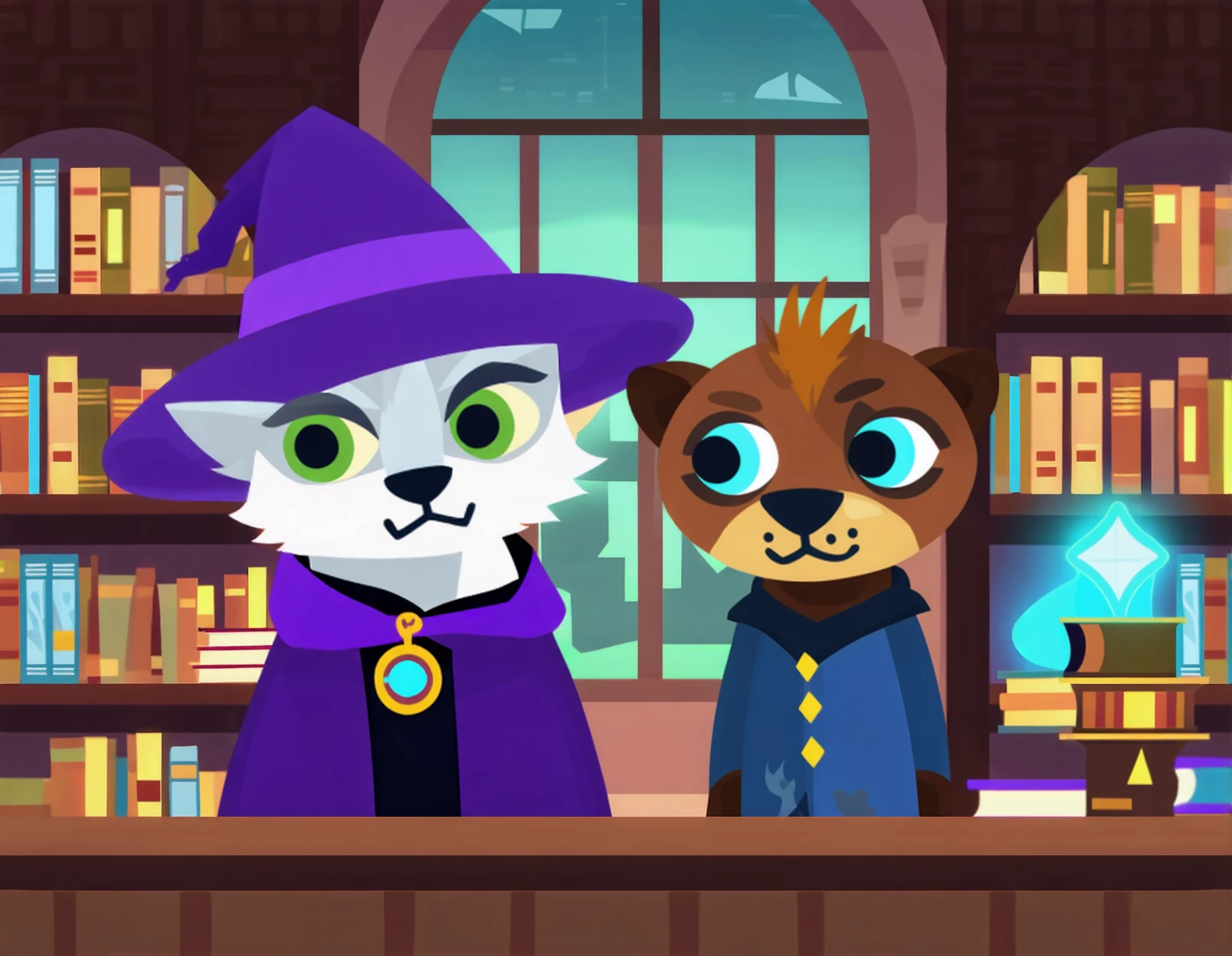 duo, (anthro), white wolf with green eyes wearing purple wizard hat, otter with brown fur wearing a blue wizard hat with blue eyes, magical library, happy