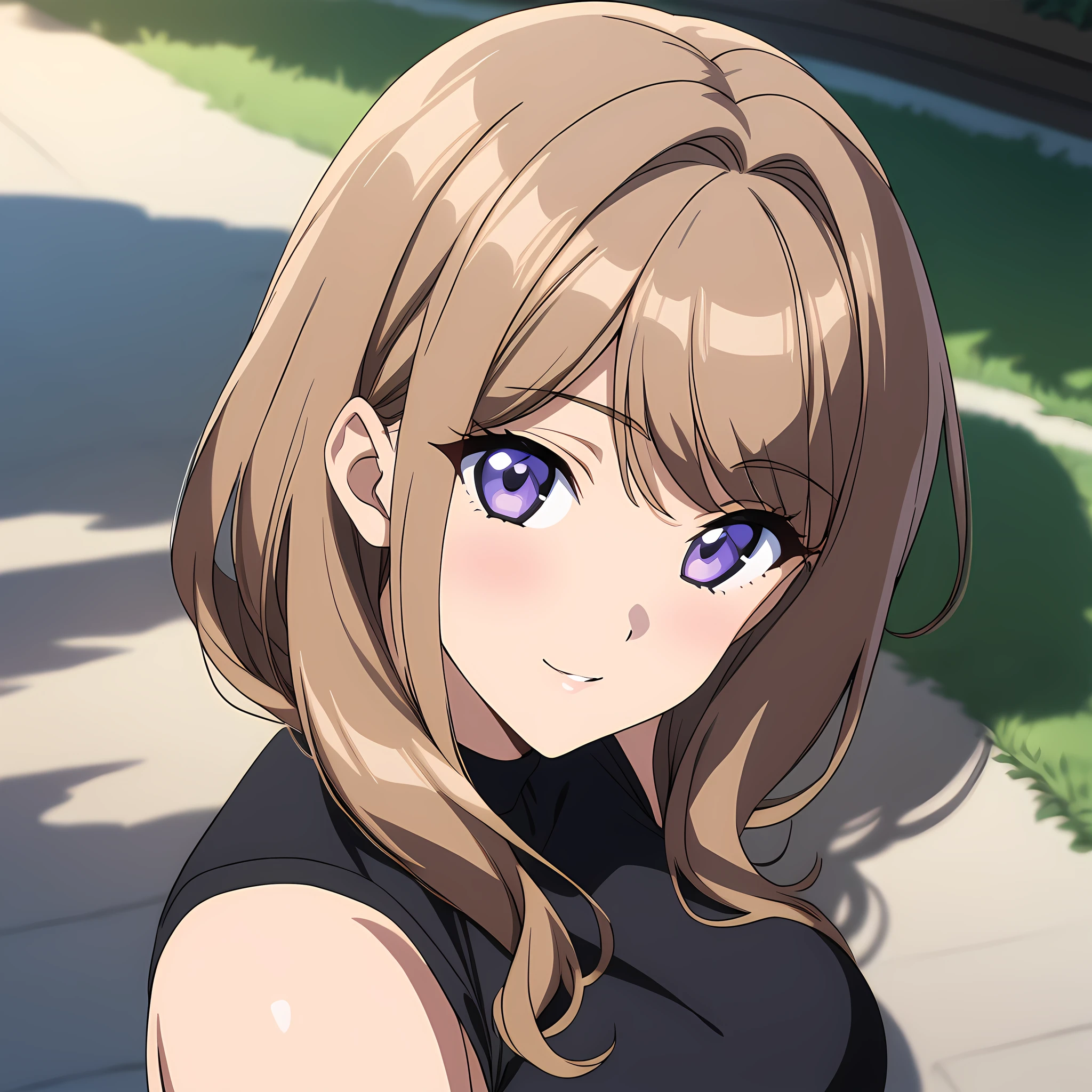 suminoe_shion, light brown hair, purple eyes, large breasts, bangs, black shirt, black sportswear, bare shoulder, knee guard, fingerless gloves, seductive smile, standing, from the front, upper body view, portrait, anime coloring, ootomo takuji artstyle, <lora:XL-SuminoeShion:1>, (masterpiece),(best quality),(ultra-detailed),(best illustration),(best shadow),(absurdres),(detailed background),(very aesthetic),