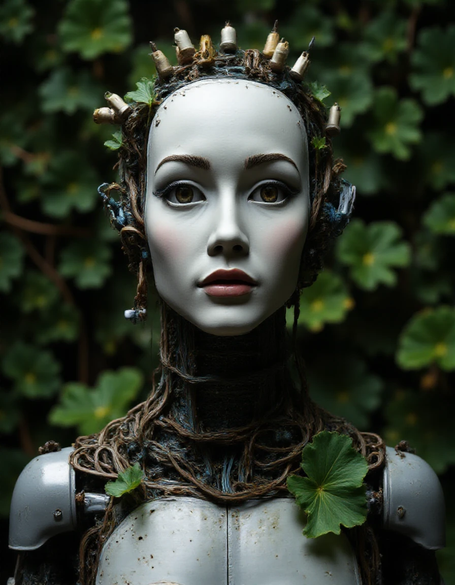 <lora:flux_floralizer_2:1.3> flrlizer  <lora:Circuit_Board_FLUX:1.2> circuit, trace, circuit trace <lora:Electric_Transformers-000023:1> A close-up portrait of a sleek, futuristic robot with an alluring, humanoid face and delicate features. Its face and neck are composed of intricate transformer elements, exposed computer circuitry, and polished biomechanical parts, with smooth metallic surfaces interwoven with fine, glowing wires and delicate LEDs. Soft neon accents trace along its contours, casting a gentle glow on its face, looking at the viewer. The robotâs eyes are large and expressive, with a soft luminescent quality, conveying intelligence and curiosity, as if it is observing or contemplating. there is foliage growing on the robot as it has been standing still for a long period of time. the background is a jungle scene, closeup portrait photography, beautiful eyes, capturing emotion, personality, flattering lighting, professional, engaging, compelling composition