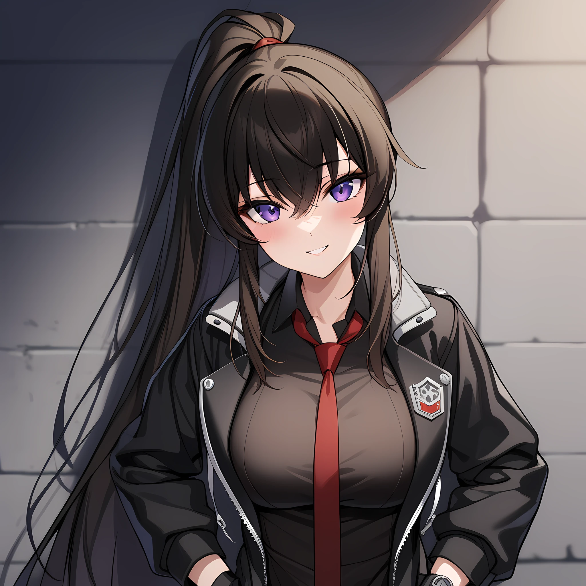 yoo_mina, 1girl, solo, long hair, purple eyes, gloves, necktie, black gloves, ponytail, skirt, jacket, shirt, portrait, upper body, very long hair, black jacket, open clothes, black shirt, black footwear, leaning on the wall, dark alleyway background, looking at viewer, hands on hip, seductive smile, <lora:Yoo_Mina:1>, (masterpiece),(best quality),(ultra-detailed),(best illustration),(best shadow),(absurdres),(detailed background),(very aesthetic),