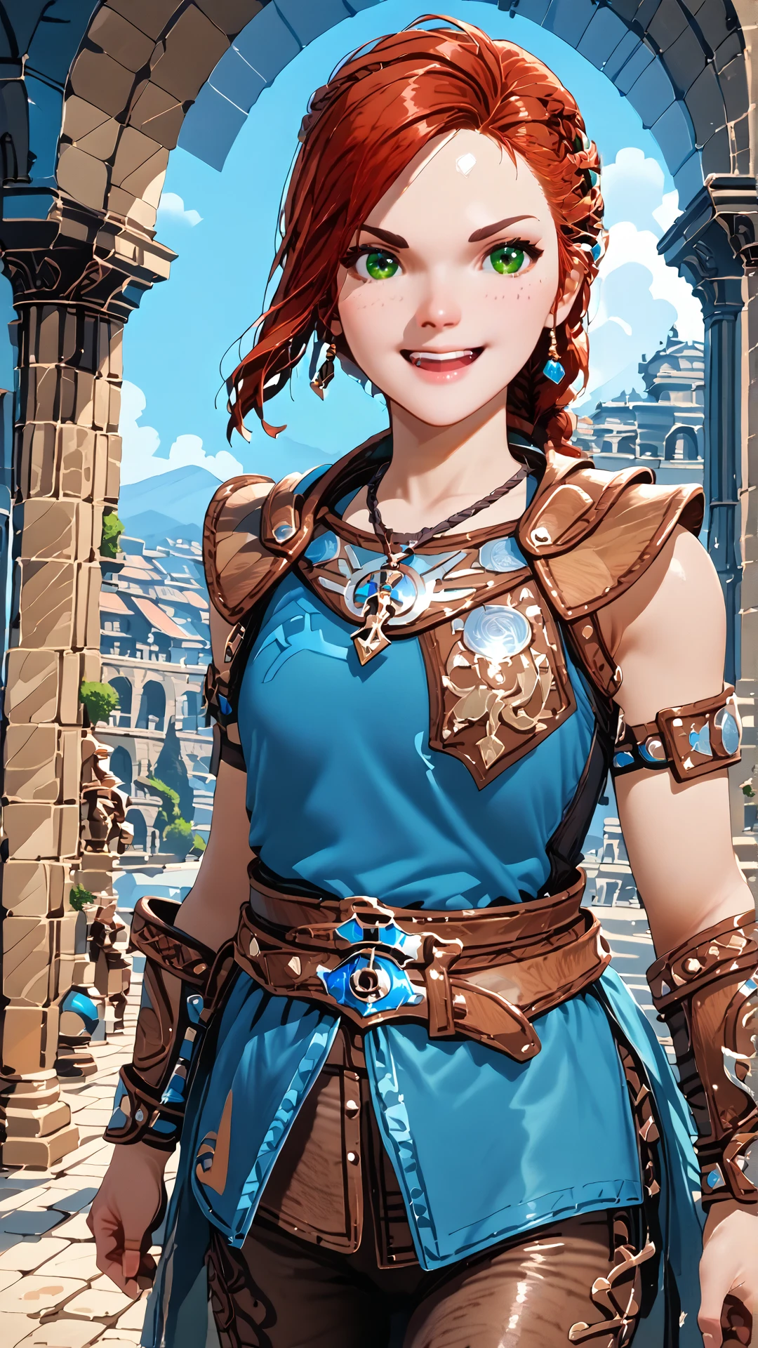 sjsartstyle, 2d, (zPDXL2), cowboy shot, dynamic shot, dynamic angle, webtoon, anime, centered, solo, upper body focus, smiling, open mouth, 1girl, 1woman, hda, red hair, braided ponytail, green eyes, blue top, necklace, leather armor, bracers, belt, leather pants, indoors, ancient Greece, <lora:sd_xl_dpo_lora_v1:1>, <lora:OMG-Is-DucHaiten_v1.0:0.1>, <lora:sjsartstyle pony:1>,  <lora:Hilda_Asterigos_Pony_XL:0.8>