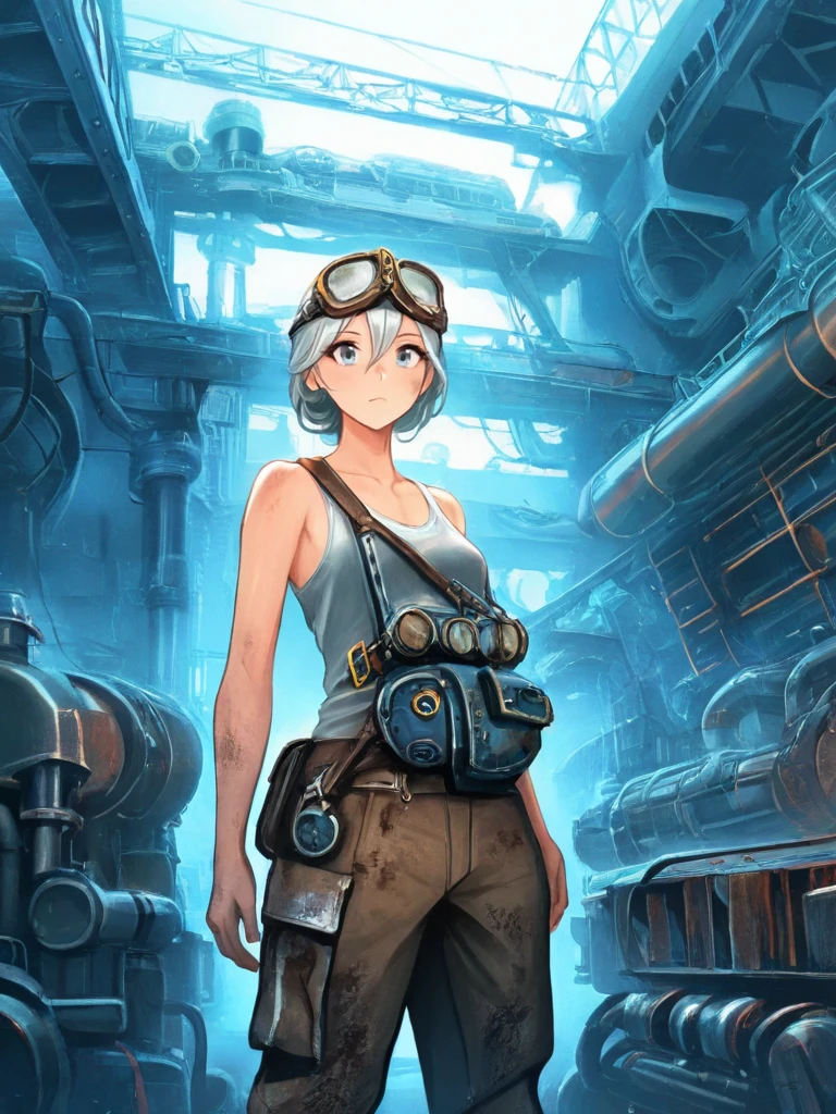 higres illustration,detailed face,1girl,<lora:dieselIL:1>,dieselpunk,silver hair,tank top,pants,dirty clothes,goggle,looking at viewer,factory,