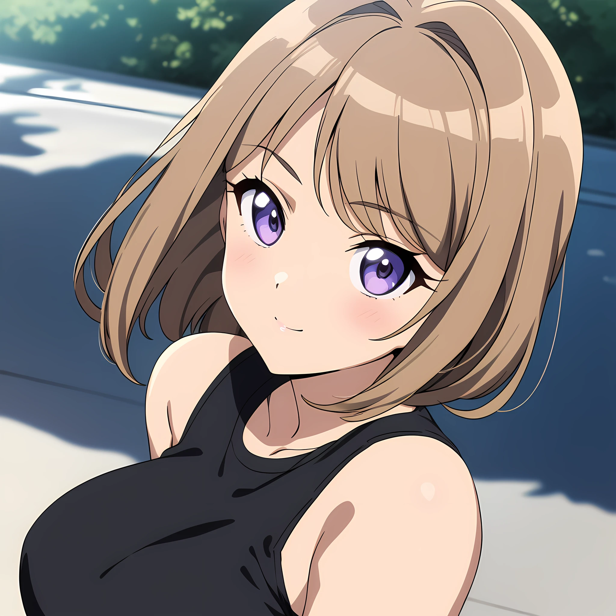 suminoe_shion, light brown hair, purple eyes, large breasts, bangs, black shirt, black sportswear, bare shoulder, knee guard, fingerless gloves, seductive smile, standing, from the front, upper body view, portrait, anime coloring, ootomo takuji artstyle, <lora:XL-SuminoeShion:1>, (masterpiece),(best quality),(ultra-detailed),(best illustration),(best shadow),(absurdres),(detailed background),(very aesthetic),