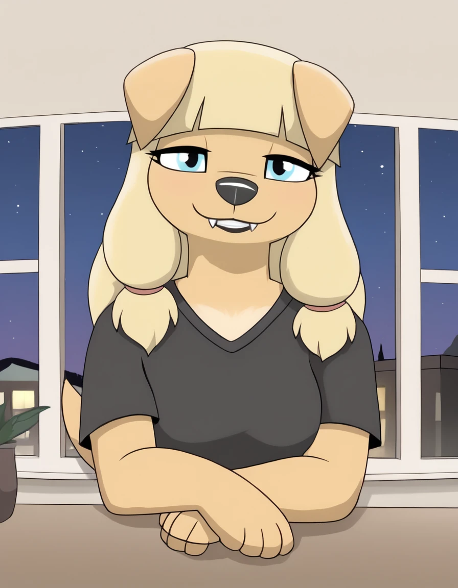 indoors,bedroom,window,night,night sky,
Danielle,1girl,solo,furry female,blonde hair,bangs,animal ears,body fur,blunt bangs,dog girl,animal nose,dog ears,blue eyes,tail,sidelocks,long hair,two-tone fur,dog tail,
upper body,headshot,black t-shirt,evil smile,looking at viewer,teeth,parted lips,fangs,black lips,
<lora:Danielle_v01_PDXL:1>,