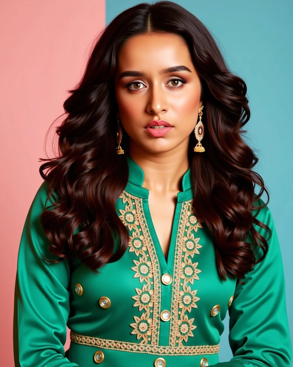 headshot photo of a Shraddha Kapoor woman,candid photo with natural colors, pouting expression on face,studio quality, wearing intricate conservative long sleeved Green Punjabi Suit, curls, pastel shaded multicolored background, cinematic soft lighting<lora:TestBed\Shraddha_Kapoor_2024_Flux_Kohya_V1.safetensors:1.0:1.0>