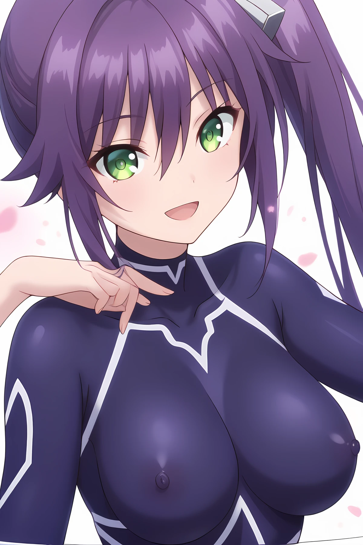 (black bodysuit:1.40), ys-sagiri, purple hair, side ponytail, hair ornament, 1girl, solo, skinny, score_9, score_8_up, score_8, score_7_up, score_7, score_6_up, score_6, score_5_up, score_5, source_anime, (happy:1.10), , (close-up:1.20), , <lora:ys-sagiri-V01:0.80>, large breasts