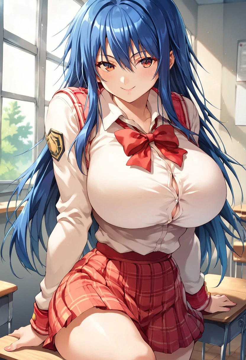 score_9, score_8_up, score_7_up, score_6_up, score_5_up, source_anime, long hair, garnet eyes, blue hair, red bow, red blouse, long sleeves, red uniform vest, school uniform, huge breasts, dynamic camera, classroom background, dynamic pose, seductive face,