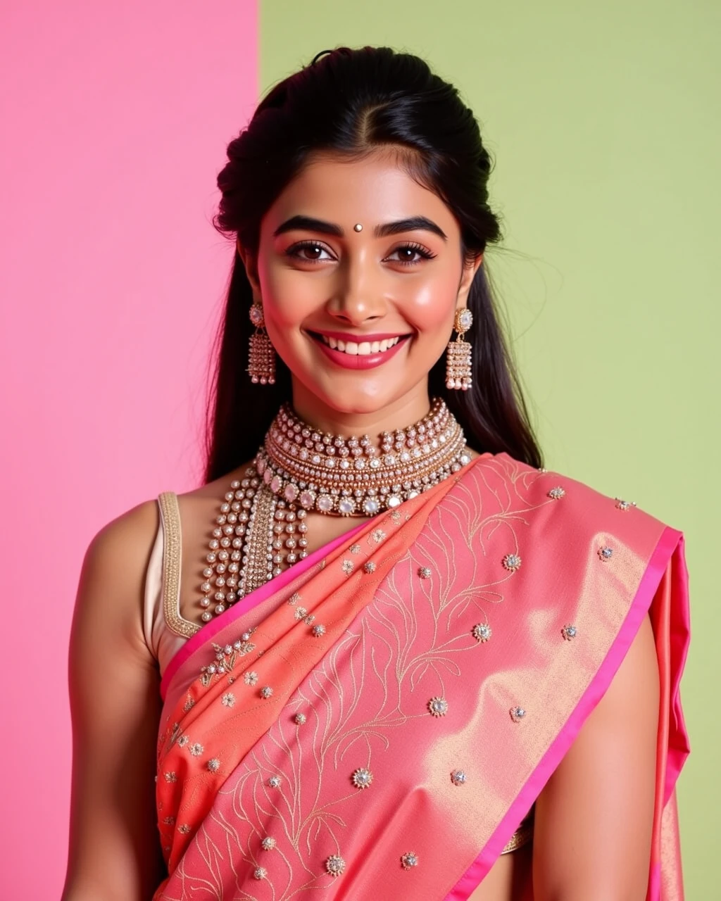 cowboy shot photo of Pooja Hegde woman,candid photo with natural colors, laughing expression on face,studio quality, wearing intricate elegant turtleneck Pink Banarasi Silk Saree, high ponytail, pastel shaded multicolored background, cinematic soft lighting<lora:TestBed\Pooja_Hegde_Flux_Kohya_V1-000005.safetensors:1.0:1.0>