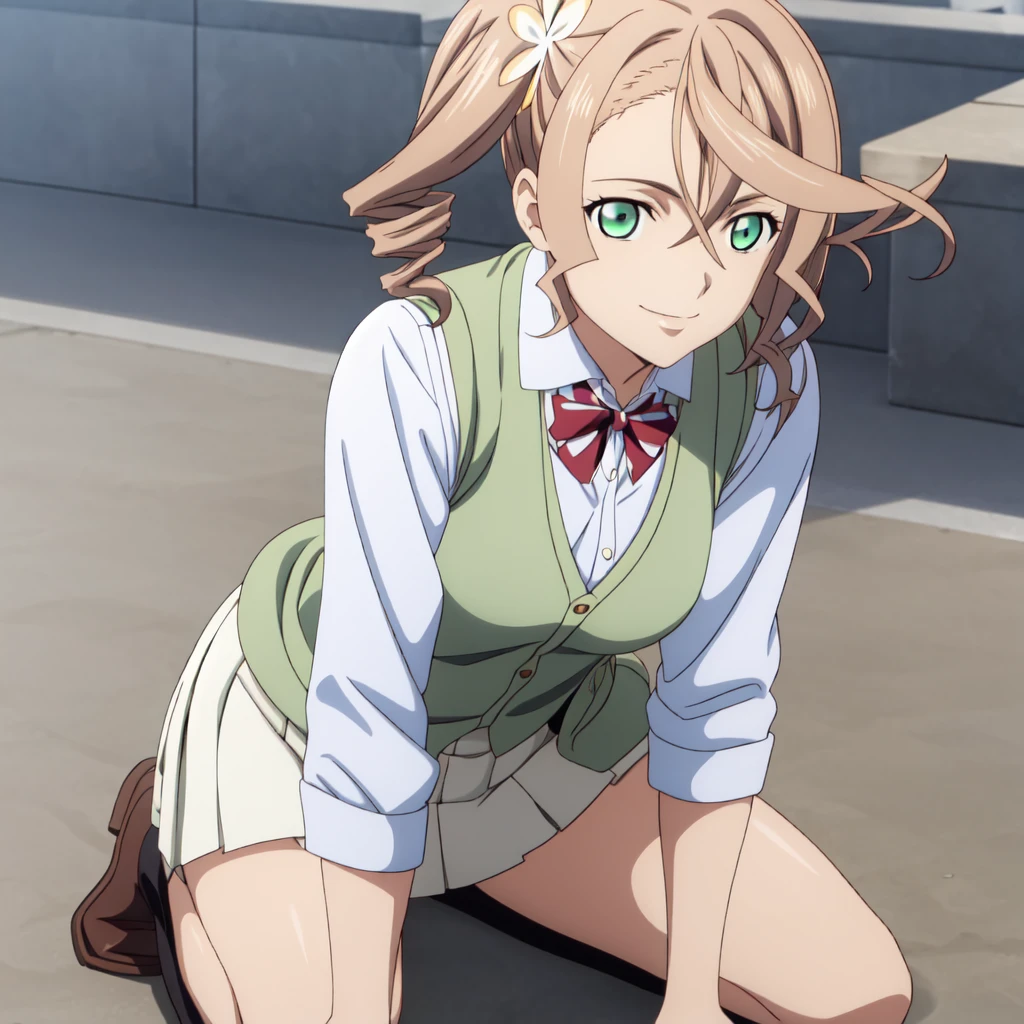 best quality, anime screencap, anime coloring, 1girl, solo, short hair, almond blonde hair, hair ornament, green eyes, side ponytail, drill hair, alisha_diphda,, shirt, long sleeves, bow, school uniform, collarbone, white shirt, white skirt, striped, collared shirt, red bowtie, dress shirt, striped bow, striped bowtie, (green vest:1.3), mature women, kneeling, smile, closed mouth