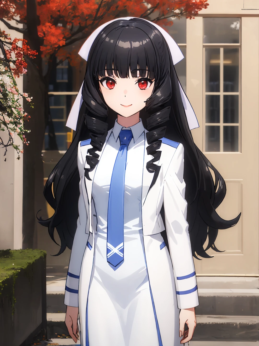 <lora:Kuroba_Ayako_0Rv9:0.7>
ayakoschool, black hair, long hair, drill hair, red eyes, white hair ribbon
fourth high school uniform, white jacket, white dress, (long skirt:1.2), (grey necktie:1.2), long sleeves
masterpiece, best quality, ultra-detailed, detailed, detailed skin, absurdres, 8k, digital art
1girl, solo, facing viewer, standing, looking at viewer, smile, standing, cowboy shot
(outdoors, park, city, building, tree, bush, flower bed, street, stone floor)