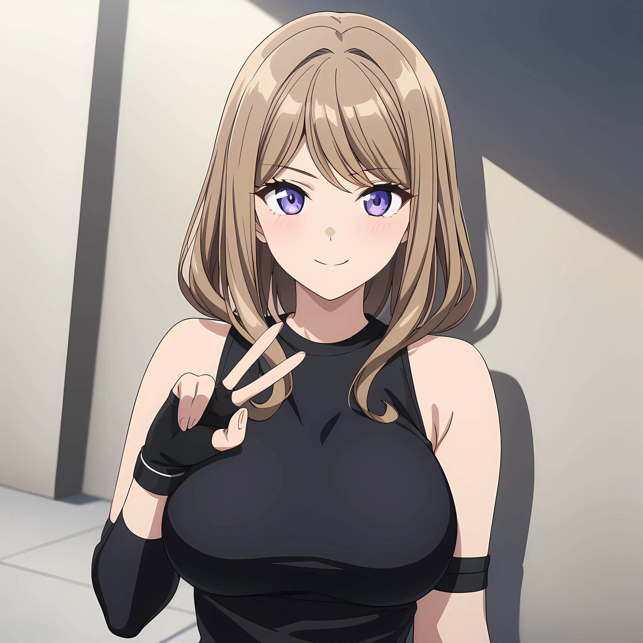 suminoe_shion, light brown hair, purple eyes, large breasts, bangs, black shirt, black sportswear, bare shoulder, knee guard, fingerless gloves, smile, standing, from the front, upper body view, v sign, portrait, anime coloring<lora:XL-SuminoeShion:1>, (masterpiece),(best quality),(ultra-detailed),(best illustration),(best shadow),(absurdres),(detailed background),(very aesthetic),