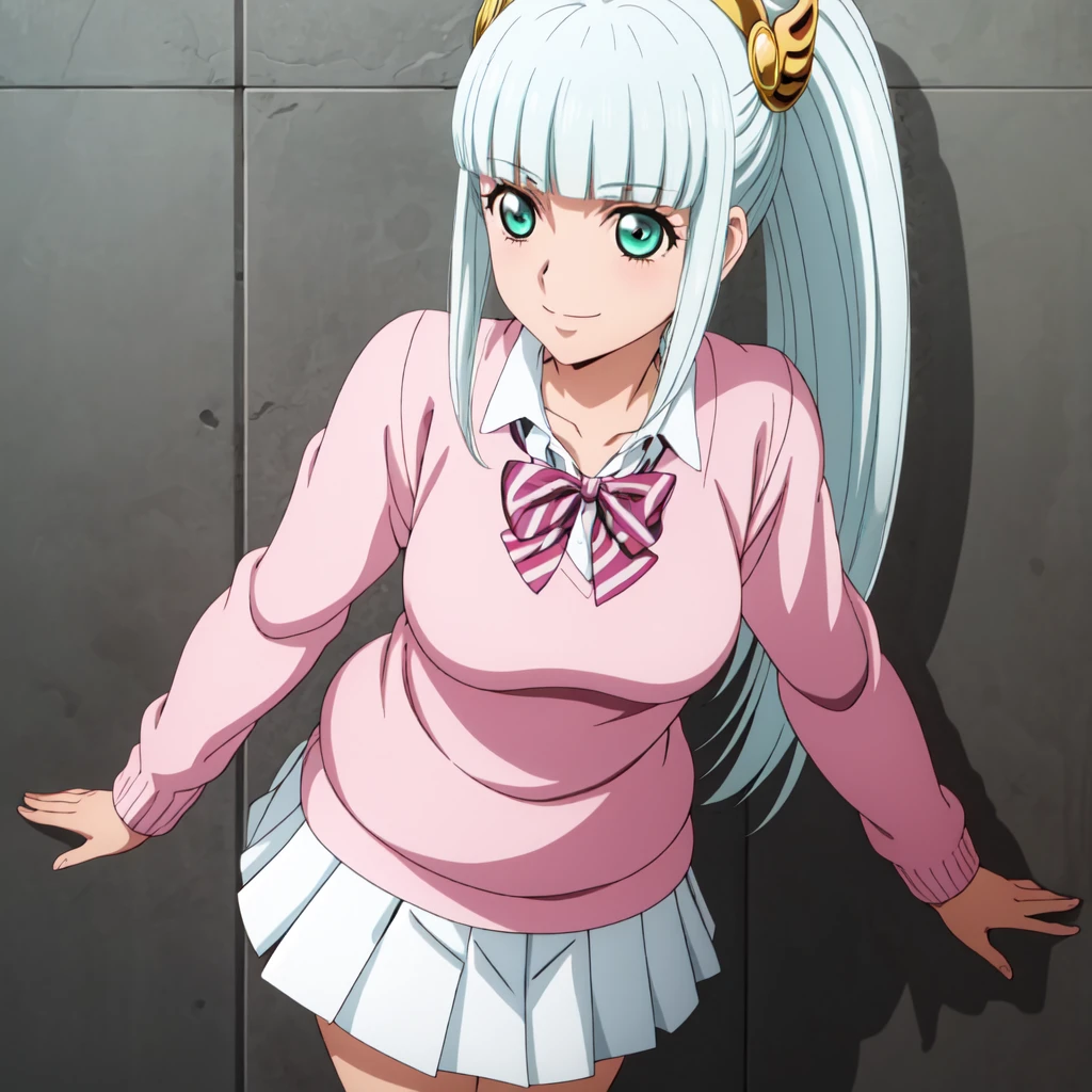 best quality, anime screencap, anime coloring, 1girl, solo, long hair, bangs, hair ornament, green eyes, ponytail, silver hair, sidelocks, blunt bangs, lailah_fethmus, skirt, shirt, long sleeves, bow, school uniform, collarbone, white shirt, pleated skirt, striped, collared shirt, red bowtie, dress shirt, white skirt, striped bow, striped bowtie, (pink sweater:1.3), smile, closed mouth, stands with one leg bent, leaning against a wall with a confident and inviting posture