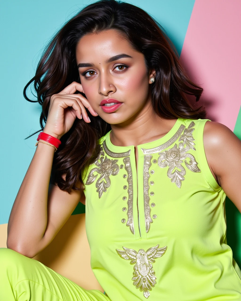 cowboy shot photo of a Shraddha Kapoor woman,candid photo with natural colors, pouting expression on face,studio quality, wearing intricate conservative sleeveless Lime Kurti with Leggings, curls, pastel shaded multicolored background, cinematic soft lighting<lora:TestBed\Shraddha_Kapoor_2024_Flux_Kohya_V1.safetensors:1.0:1.0>