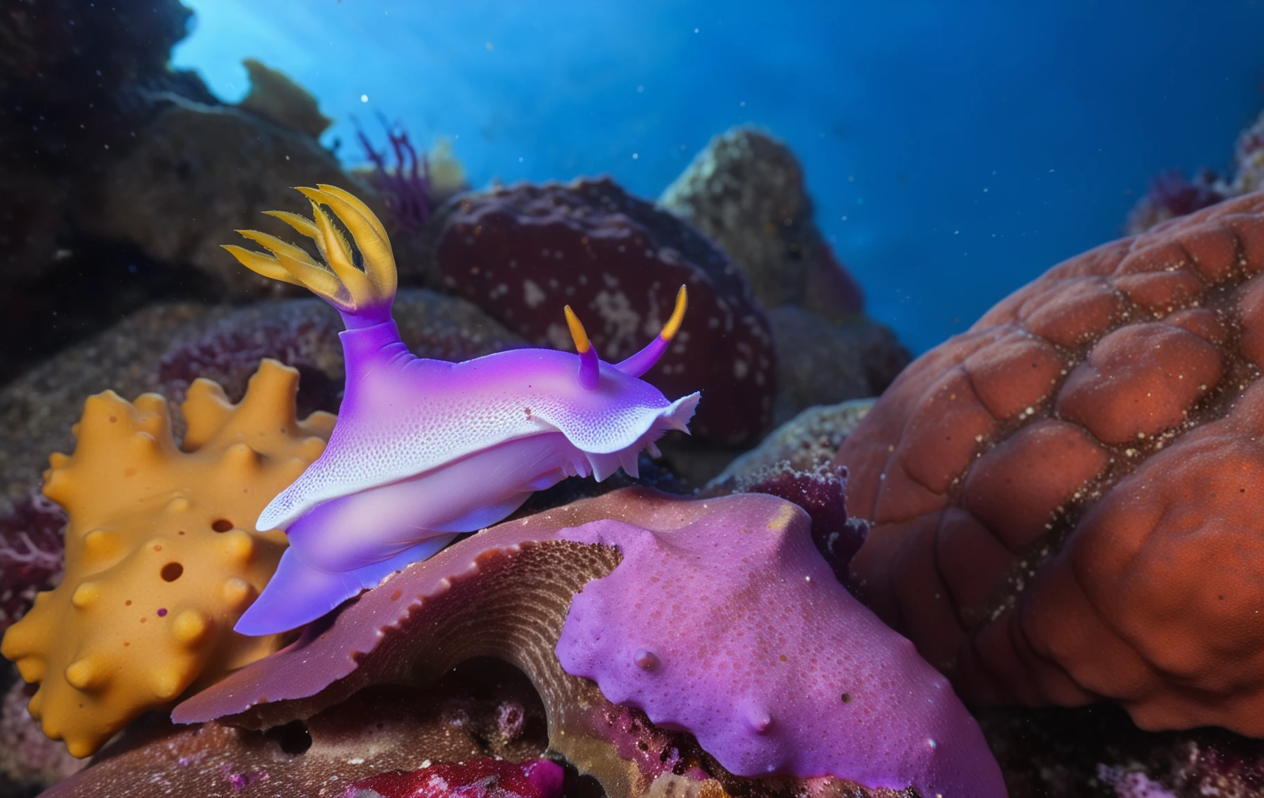 underwater close up from the side of a small hypselodoris apolegma on a rock, marl, looking at viewer, head up, water surface, light particles, coralline algae, sponge
BREAK
intricate detail, vibrant colors