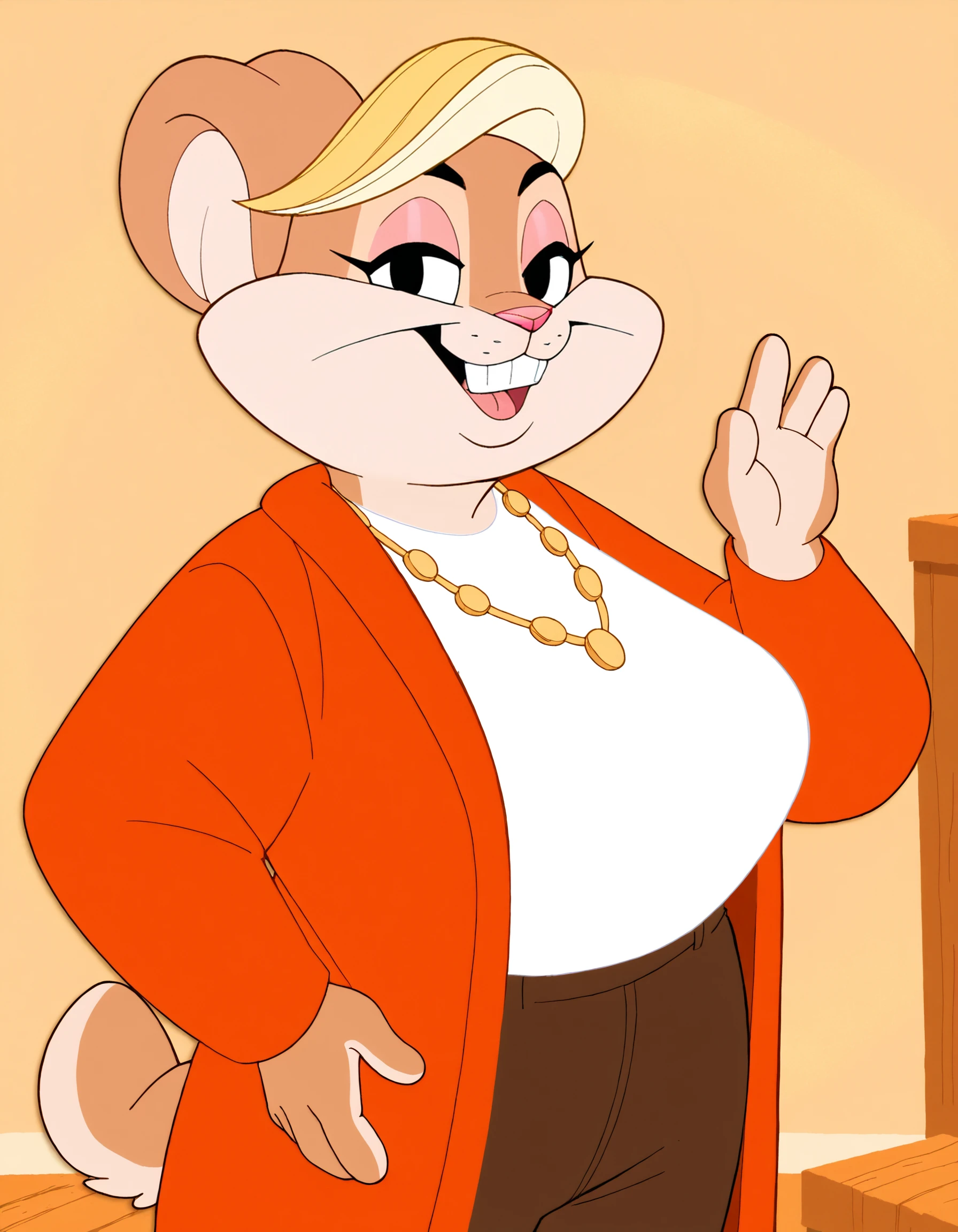 furry,source_cartoon,rating_explicit,score_9,score_7_up,score_6_up,overweight,female,rabbit,white shirt,brown long overcoat,brown pants,necklace,blonde hair,brown fur skin,<lora:Patricia BunnyXL>,pose,hand on own hip,